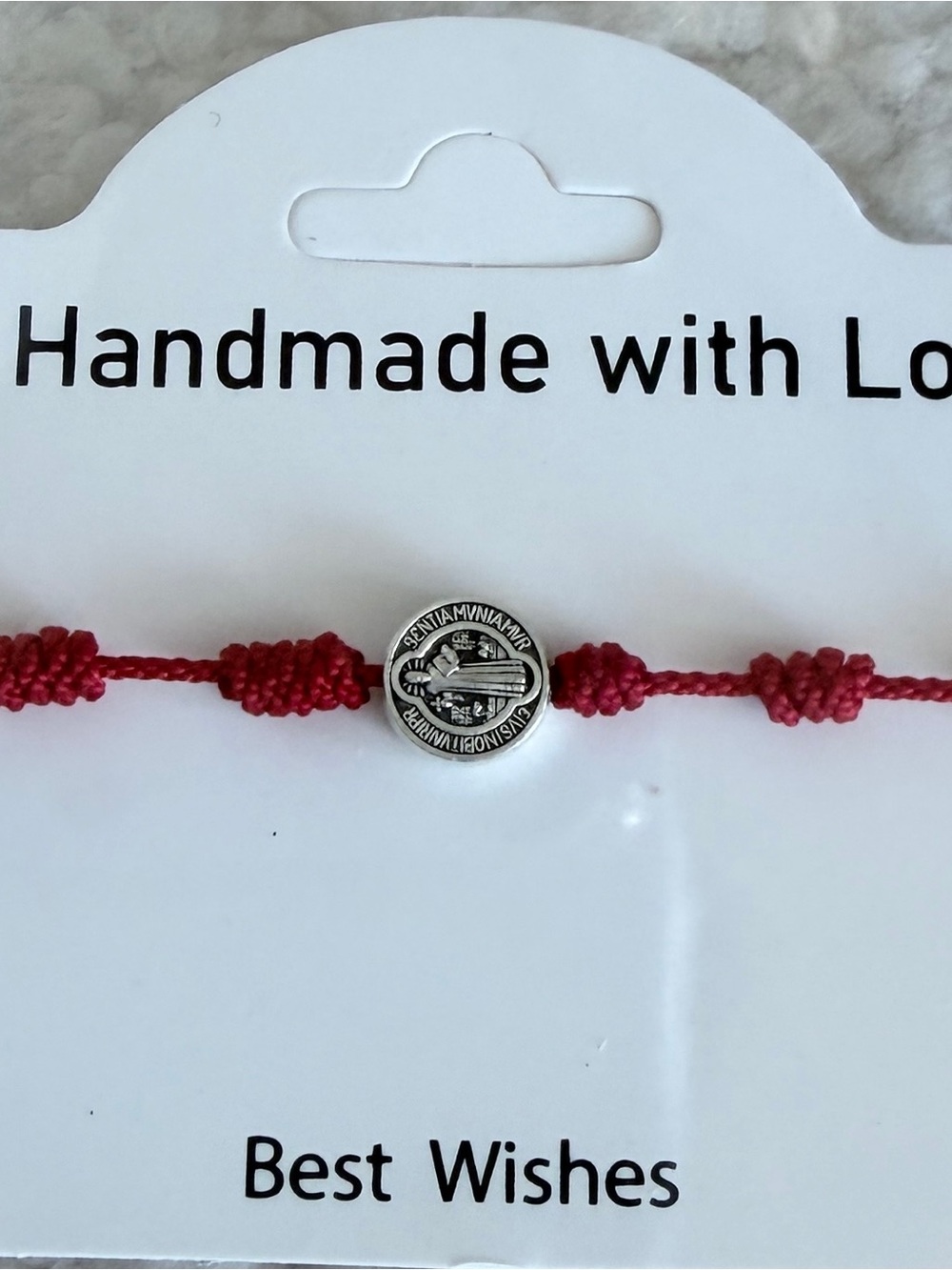 Handmade Red Cord Bracelet with Silver-Tone Saint Benito Medal